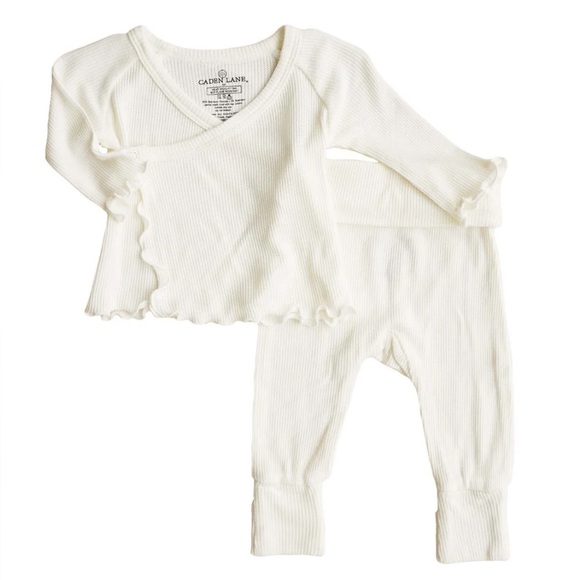 Caden Lane 2PC WAFFLE CROSSOVER TOP & BOTTOM  - Almond 3-6 months - Picture 1 of 7